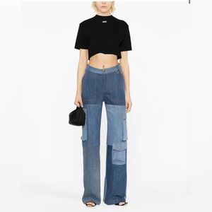 Off-White Black Cotton Crop T-shirt Top size M